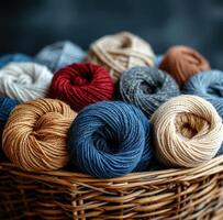 AI generated a basket of woolen yarn made of different kinds of yarns photo