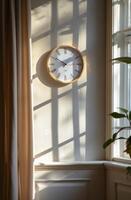 AI generated a clock with a sunlit background near a window photo