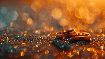 AI generated Panoramic banner of two upright gold wedding bands symbolic of love and romance on a textured glitter background photo