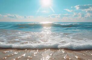 ai generado playa paisaje con mar olas terminado azul cielo y Dom con soleado cielo y Dom rayos foto