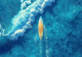 AI generated aerial view of a blue surfboard on a blue ocean photo