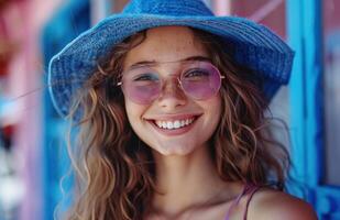 ai generado un Adolescente niña vistiendo un azul sombrero y Gafas de sol sonriente foto