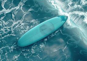 ai generado aéreo ver de un azul tabla de surf en un azul Oceano foto