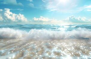 AI generated beach landscape with sea waves over blue sky and sun with sunny sky and sun rays photo