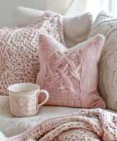 AI generated crochet pillow and cup photo