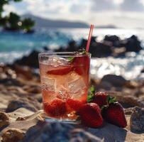 ai generado un bebida con dos fresas a el playa y un Paja foto