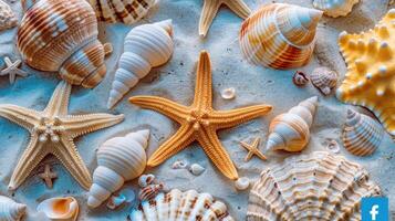 ai generado un playa dispersado con numeroso conchas marinas y estrella de mar foto