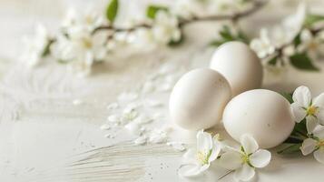 AI generated White eggs on white rustic background with spring flowers with space for writing. photo