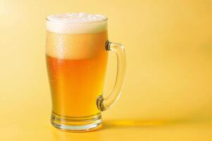 AI generated Glass of beer close-up on colorful bright blurred background. Place for text. photo