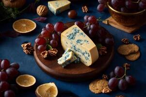 AI generated Dorblu cheese on a wooden board decorated with juicy grapes on a dark blue tablecloth. photo