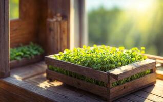 AI generated Wooden box with microgreens stands on the windowsill and sun's rays fall on it. photo