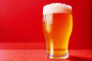 AI generated Glass of beer close-up on colorful bright blurred background. Place for text. photo