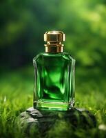AI generated Bottle of perfume stands on stone, stone lies on green grass. photo