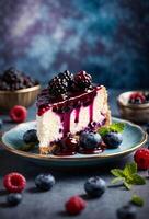 AI generated Piece of cheesecake with black currant and blueberry sauce on white plate on wooden table. Closeup view. photo