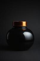 AI generated One large black glossy bottle with gold cap close-up on abstract dark background. photo