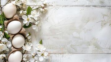 ai generado blanco huevos en blanco rústico antecedentes con primavera flores con espacio para escribiendo. foto