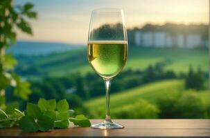 AI generated Champagne glass on table view of green nature. photo