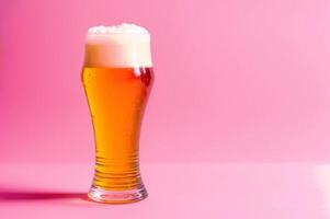 AI generated Glass of beer close-up on colorful bright blurred background. Place for text. photo