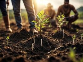 AI generated People wearing gardening gloves plant young tree seedlings in freshly dug soil. photo