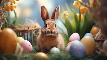 AI generated Cute Easter rabbit with decorated eggs and spring flowers on spring landscape. Bunny in in the garden. photo