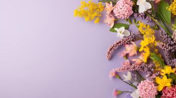 AI generated Pretty spring flowers on pastel background with copy space for your design. Springtime holidays and spring background concept photo