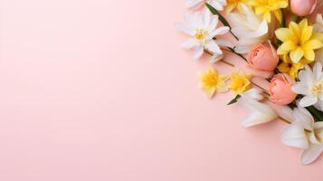 AI generated Pretty spring flowers on pastel background with copy space for your design. Springtime holidays and spring background concept photo