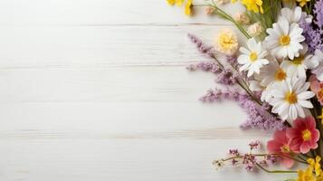 AI generated Pretty spring flowers on white wooden background with copy space for your design. Spring background concept photo