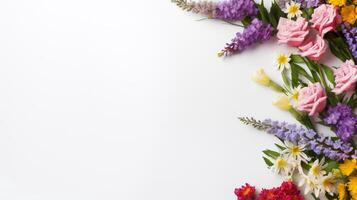 AI generated Pretty spring flowers on white background with copy space for your design. Spring background concept photo
