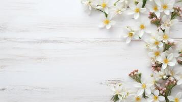 ai generado bonito primavera flores en blanco de madera antecedentes con Copiar espacio para tu diseño. primavera antecedentes concepto foto