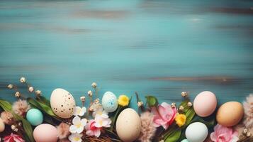 AI generated Easter background with Easter painted eggs and spring flowers on rustic wooden background. Top view with copy space. photo
