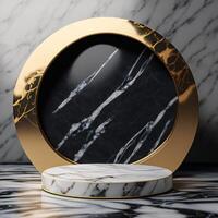 AI generated Black marble pedestal on abstract background, round gold frame, memorial board, cylinder steps, abstract minimal concept,  luxury minimalist mockup. photo