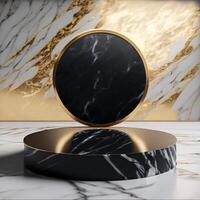 AI generated Black marble pedestal on abstract background, round gold frame, memorial board, cylinder steps, abstract minimal concept,  luxury minimalist mockup. photo