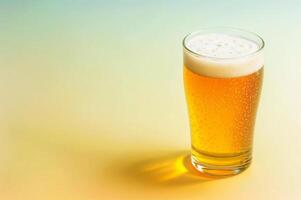 AI generated Glass of beer close-up on colorful bright blurred background. Place for text. photo