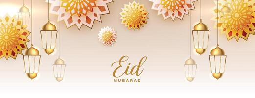 realistic eid mubarak festival banner with hanging lanterns vector