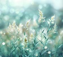 AI generated image of green grass and bokeh background, light green and light gray, light teal and light white photo