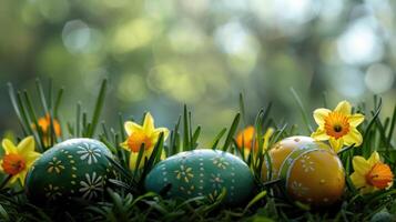 AI generated Easter eggs peeking out from the grass alongside daffodils photo