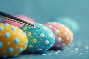 AI generated Decorating Easter eggs on a blue background photo