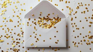 AI generated An empty card with an envelope and gold confetti, presented in a mockup template photo