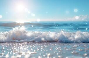 AI generated beach landscape with sea waves over blue sky and sun with sunny sky and sun rays photo
