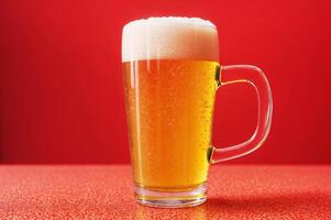 AI generated Glass of beer close-up on colorful bright blurred background. Place for text. photo