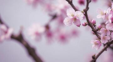 ai generado floreciente Cereza árbol ramas blanco flores de cerca en borroso resumen antecedentes. foto