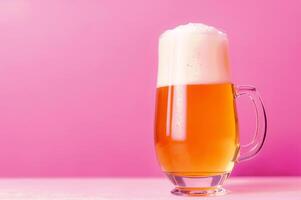 AI generated Glass of beer close-up on colorful bright blurred background. Place for text. photo