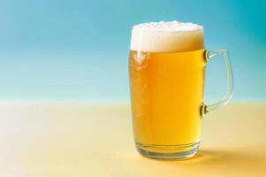 AI generated Glass of beer close-up on colorful bright blurred background. Place for text. photo