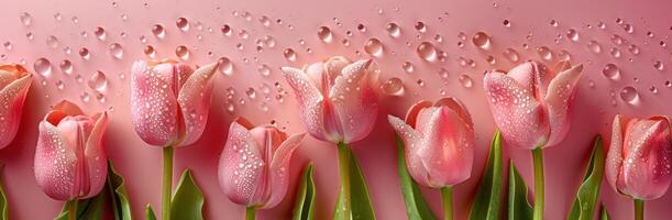 AI generated pink tulips with drops of water and a rose on pink background photo