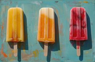 AI generated three popsicles on a blue surface photo