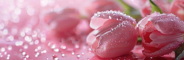 AI generated pink tulips with drops of water and a rose on pink background photo