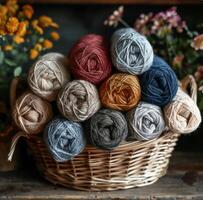 AI generated new skeins, skeins of grey, blue, and brown yarn placed in basket photo