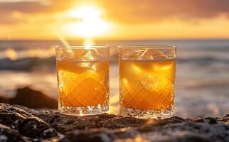 AI generated two drinks on beach at sunset photo