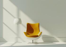 AI generated white wall with a yellow chair and a white lamp photo