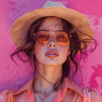 ai generado Disparo de mujer con un sombrero y Gafas de sol posando en frente de un rosado antecedentes foto